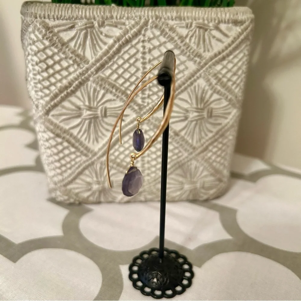 Stella & Dot Gold and Purple Drop Wire Arc Earrings